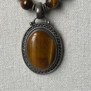 Tiger Eye Pendant in Silver Frame with Tiger Eye Beaded Necklace